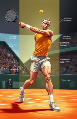 A detailed illustration of the biomechanics of tennis, showcasing a player in mid-swing