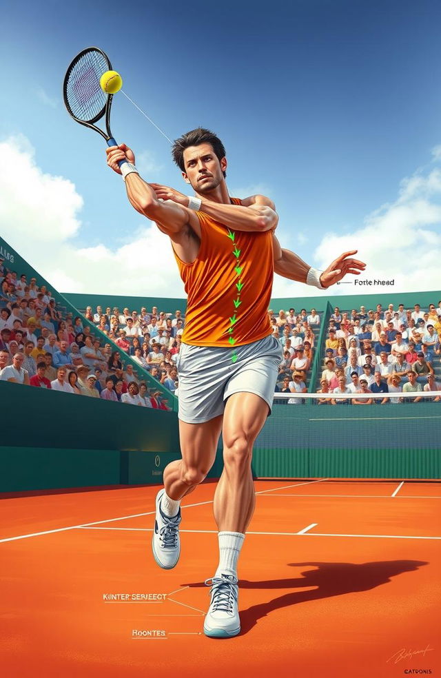 A detailed illustration of the biomechanics of tennis, showcasing a player in mid-swing