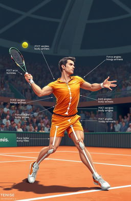 A detailed illustration of the biomechanics of tennis, showcasing a player in mid-swing