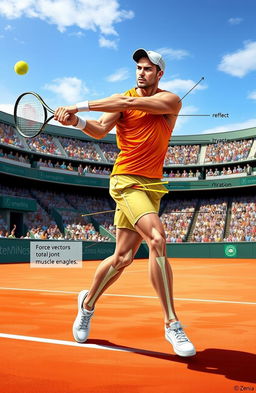 A detailed illustration of the biomechanics of tennis, showcasing a player in mid-swing