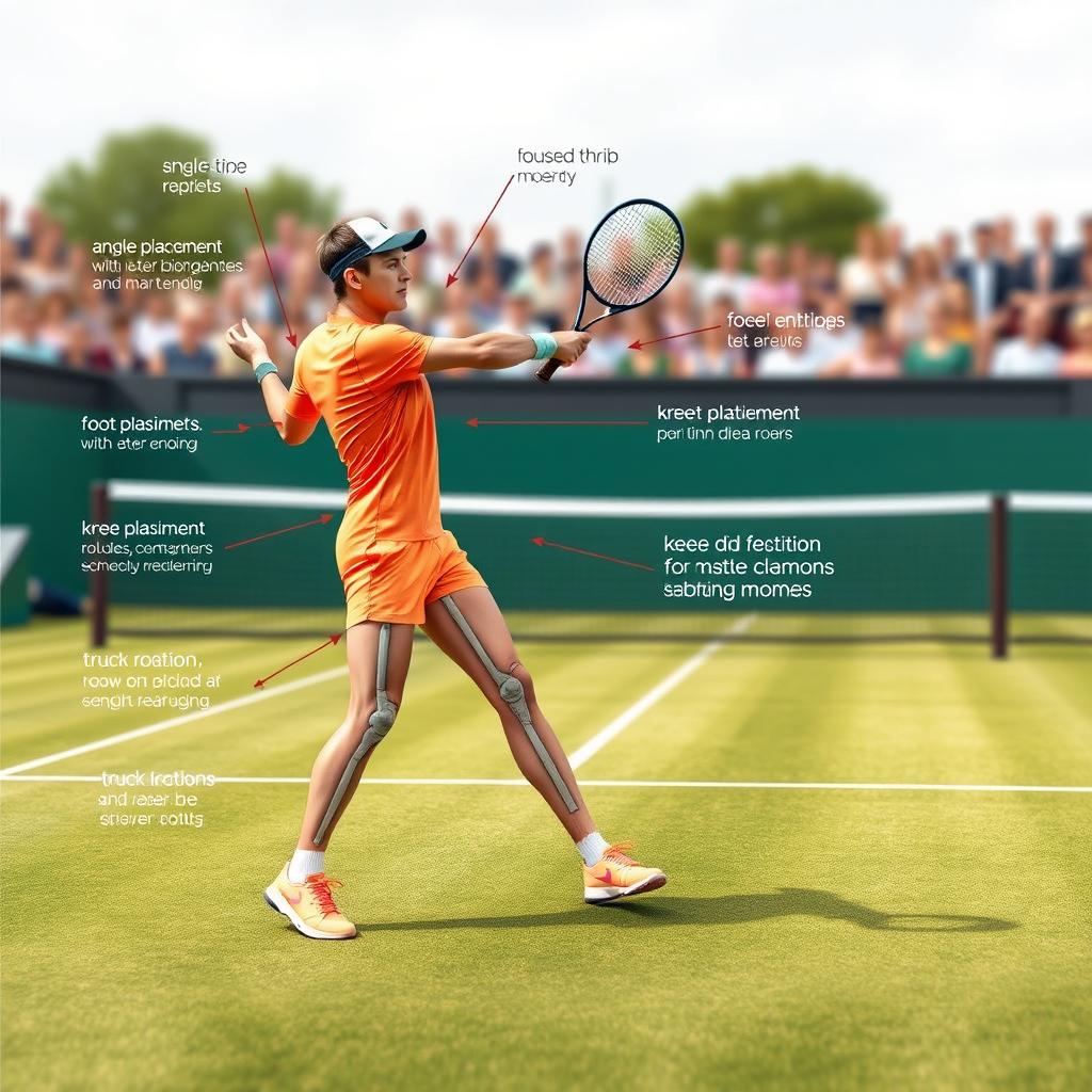 A comprehensive biomechanical diagram of tennis, featuring an athlete performing a powerful serve on a grass court