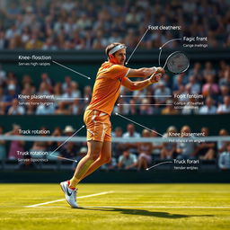 A comprehensive biomechanical diagram of tennis, featuring an athlete performing a powerful serve on a grass court