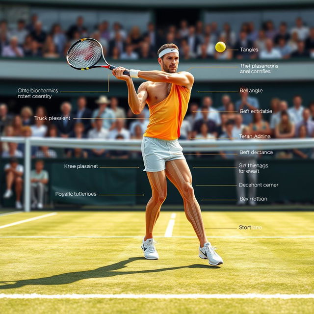 A comprehensive biomechanical diagram of tennis, featuring an athlete performing a powerful serve on a grass court