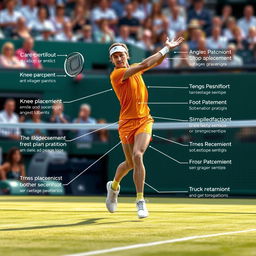 A comprehensive biomechanical diagram of tennis, featuring an athlete performing a powerful serve on a grass court