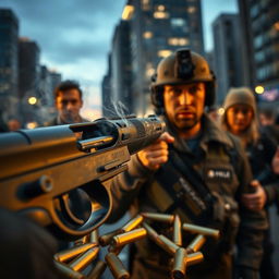 A dramatic scene depicting a malfunctioning gun in a tense environment