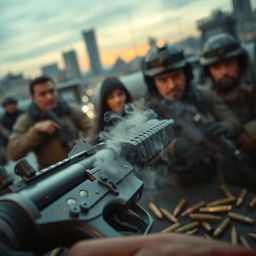 A dramatic scene depicting a malfunctioning gun in a tense environment