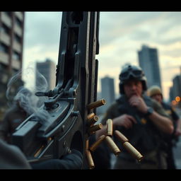 A dramatic scene depicting a malfunctioning gun in a tense environment