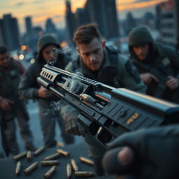 A dramatic scene depicting a malfunctioning gun in a tense environment