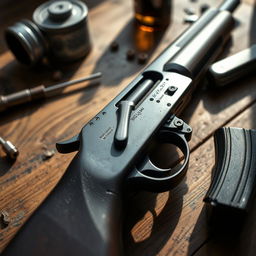 A close-up of a malfunctioning gun, showing detailed parts like the trigger, barrel, and magazine