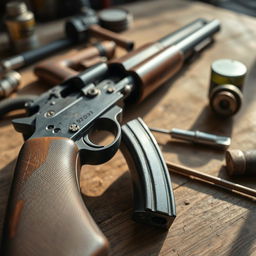 A close-up of a malfunctioning gun, showing detailed parts like the trigger, barrel, and magazine