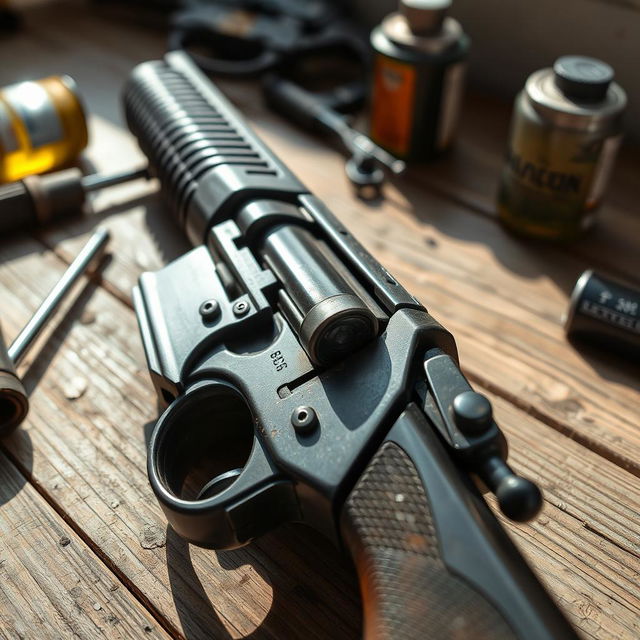 A close-up of a malfunctioning gun, showing detailed parts like the trigger, barrel, and magazine