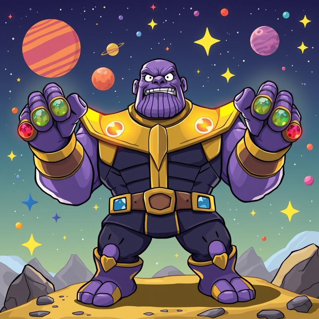 A whimsical, humorous portrayal of Thanos from the Marvel universe, with exaggeratedly large purple testicles as a playful and light-hearted concept