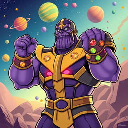 A whimsical, humorous portrayal of Thanos from the Marvel universe, with exaggeratedly large purple testicles as a playful and light-hearted concept