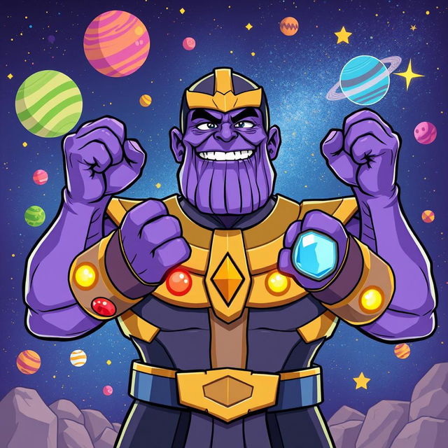 A whimsical, humorous portrayal of Thanos from the Marvel universe, with exaggeratedly large purple testicles as a playful and light-hearted concept