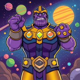 A whimsical, humorous portrayal of Thanos from the Marvel universe, with exaggeratedly large purple testicles as a playful and light-hearted concept