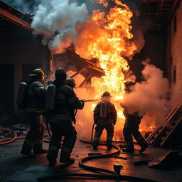 An intense scene depicting a fire malfunction during a staged fire drill, featuring fire extinguishers and flames that are partially out of control