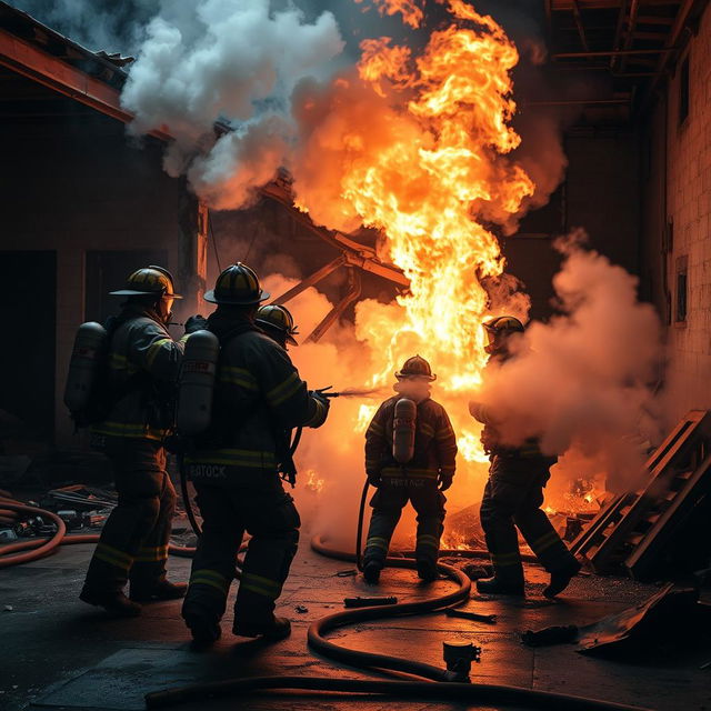 An intense scene depicting a fire malfunction during a staged fire drill, featuring fire extinguishers and flames that are partially out of control