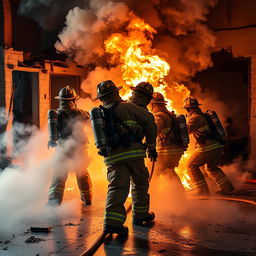 An intense scene depicting a fire malfunction during a staged fire drill, featuring fire extinguishers and flames that are partially out of control