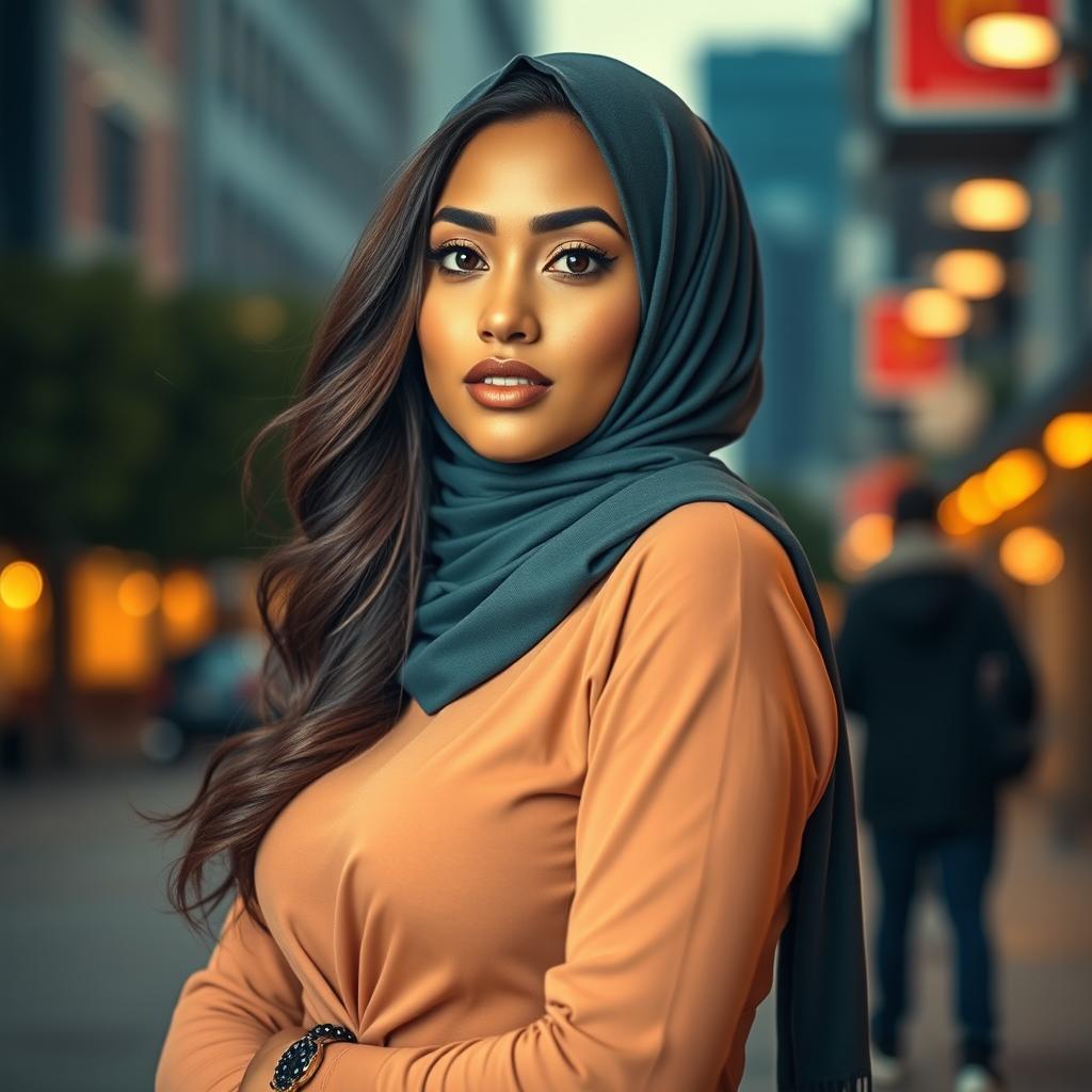 A beautiful woman wearing a stylish hijab, confidently posing in a fashionable outfit that highlights her curves