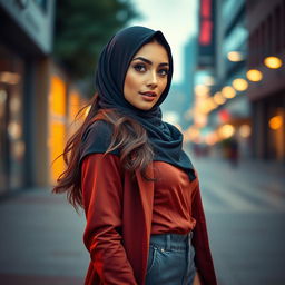 A beautiful woman wearing a stylish hijab, confidently posing in a fashionable outfit that highlights her curves