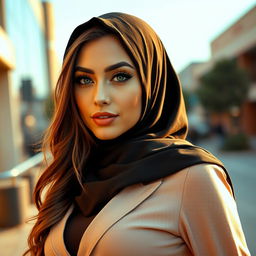 A beautiful woman wearing a stylish hijab, confidently posing in a fashionable outfit that highlights her curves