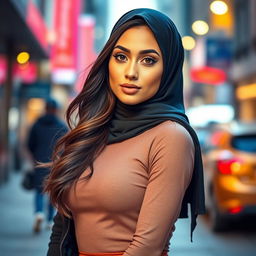 A beautiful woman wearing a stylish hijab, confidently posing in a fashionable outfit that highlights her curves