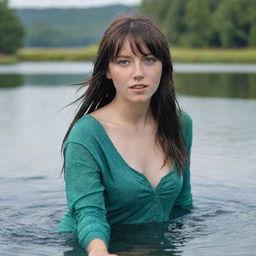 casual photograpy medium body, female, 23 year old with green eyes and black long hai with withe streaks in the bangs.,freckles, dancing in water font, hd, casual blue clothes, relax time, medium distance shot, 4k hd, --style raw--v 5.2 ar 2-3