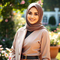 A stunning woman wearing a chic hijab, showcasing her unique style with a fashionable outfit that emphasizes her figure