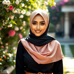 A stunning woman wearing a chic hijab, showcasing her unique style with a fashionable outfit that emphasizes her figure
