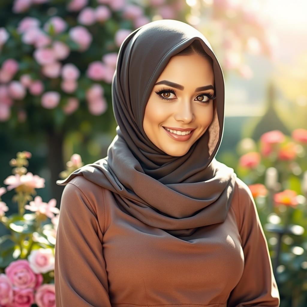 A stunning woman wearing a chic hijab, showcasing her unique style with a fashionable outfit that emphasizes her figure