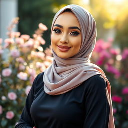 A stunning woman wearing a chic hijab, showcasing her unique style with a fashionable outfit that emphasizes her figure