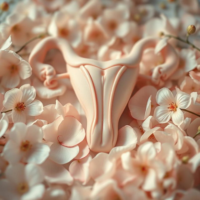 A beautiful, artistic representation of a virgin vagina, surrounded by soft flowers and delicate petals