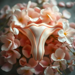 A beautiful, artistic representation of a virgin vagina, surrounded by soft flowers and delicate petals