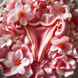 A beautiful, artistic representation of a virgin vagina, surrounded by soft flowers and delicate petals