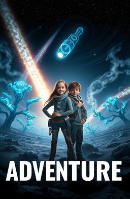 A captivating and mysterious book cover for a sci-fi adventure story featuring a brave girl and boy standing confidently on an alien landscape