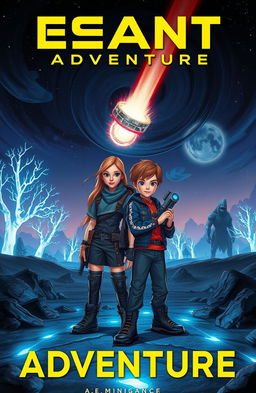 A captivating and mysterious book cover for a sci-fi adventure story featuring a brave girl and boy standing confidently on an alien landscape