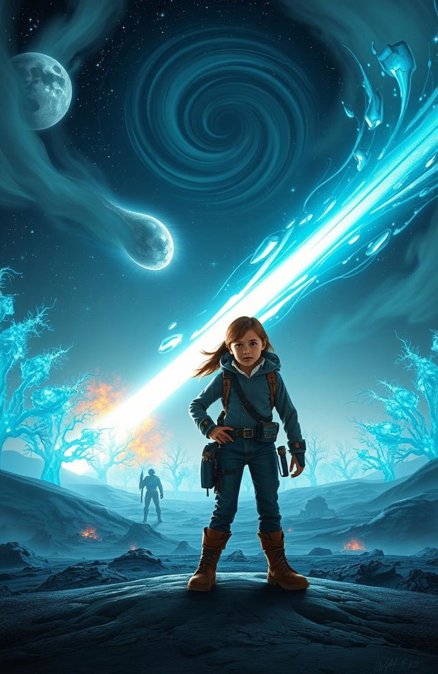 A captivating and mysterious book cover for a sci-fi adventure story featuring a brave girl and boy standing confidently on an alien landscape