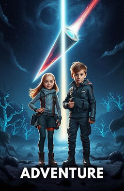 A captivating and mysterious book cover for a sci-fi adventure story featuring a brave girl and boy standing confidently on an alien landscape