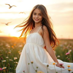 A young woman, with long flowing brown hair and a gentle smile, standing gracefully in a sunlit meadow filled with blooming wildflowers