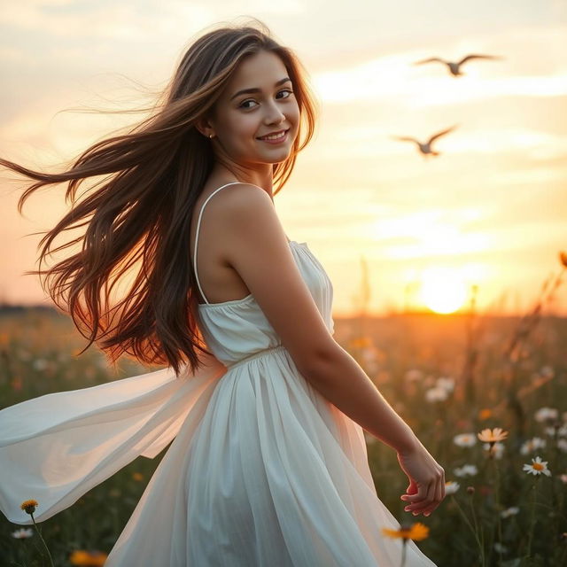 A young woman, with long flowing brown hair and a gentle smile, standing gracefully in a sunlit meadow filled with blooming wildflowers