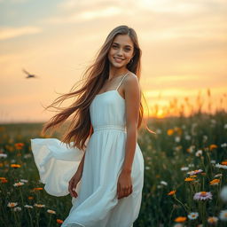 A young woman, with long flowing brown hair and a gentle smile, standing gracefully in a sunlit meadow filled with blooming wildflowers