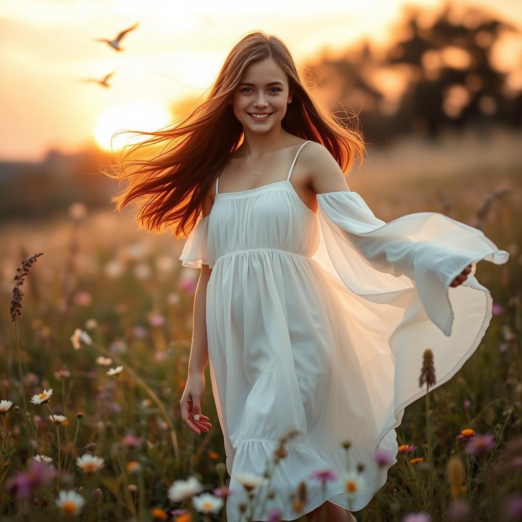 A young woman, with long flowing brown hair and a gentle smile, standing gracefully in a sunlit meadow filled with blooming wildflowers