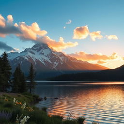 A majestic mountain landscape during sunrise, with the first rays of sunlight illuminating the snow-capped peaks