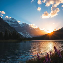 A majestic mountain landscape during sunrise, with the first rays of sunlight illuminating the snow-capped peaks