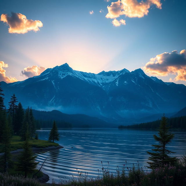 A majestic mountain landscape during sunrise, with the first rays of sunlight illuminating the snow-capped peaks