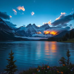 A majestic mountain landscape during sunrise, with the first rays of sunlight illuminating the snow-capped peaks