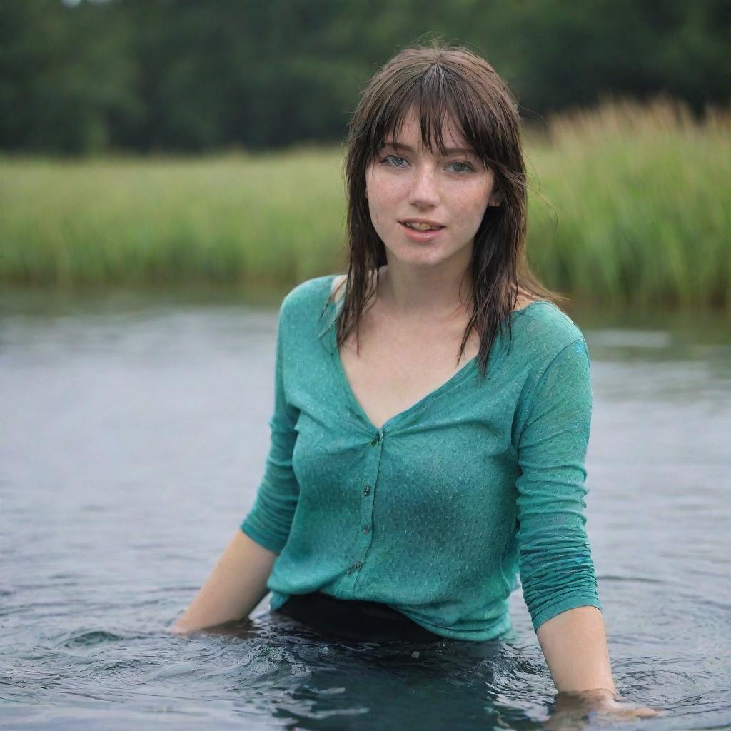 casual photograpy medium body, female, 23 year old with green eyes and black long hai with withe streaks in the bangs.,freckles, dancing in water font, hd, casual blue clothes, relax time, medium distance shot, 4k hd, --style raw--v 5.2 ar 2-3