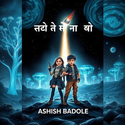 A captivating and mysterious book cover for a sci-fi adventure story featuring a brave girl and boy standing confidently on an alien landscape