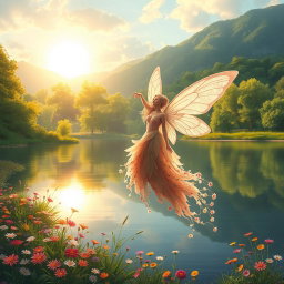 A serene landscape at sunrise, with soft golden light illuminating a tranquil lake surrounded by lush green trees and vibrant wildflowers