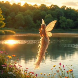 A serene landscape at sunrise, with soft golden light illuminating a tranquil lake surrounded by lush green trees and vibrant wildflowers